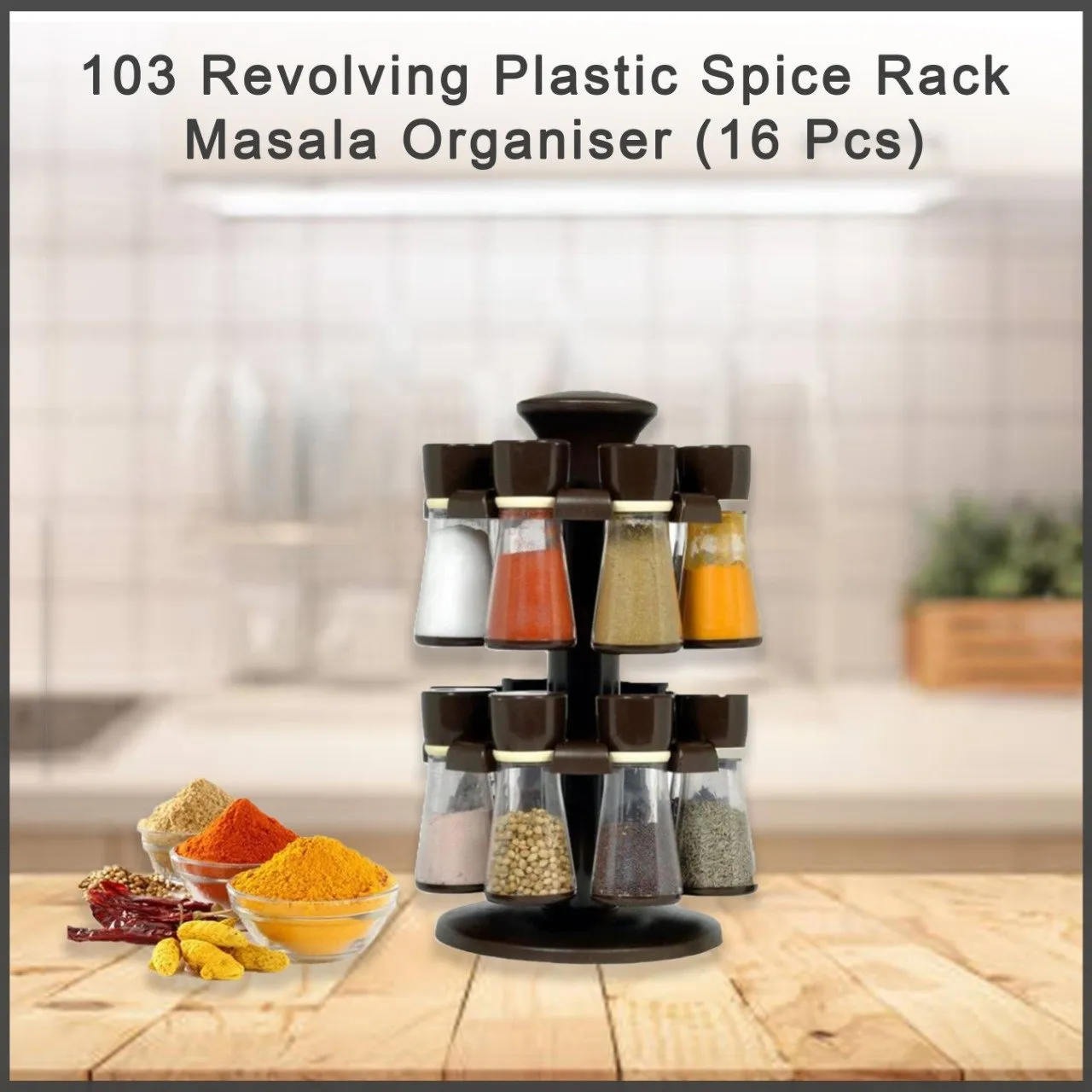 0103 Revolving Plastic Spice Rack Masala Organiser (16 Pcs)