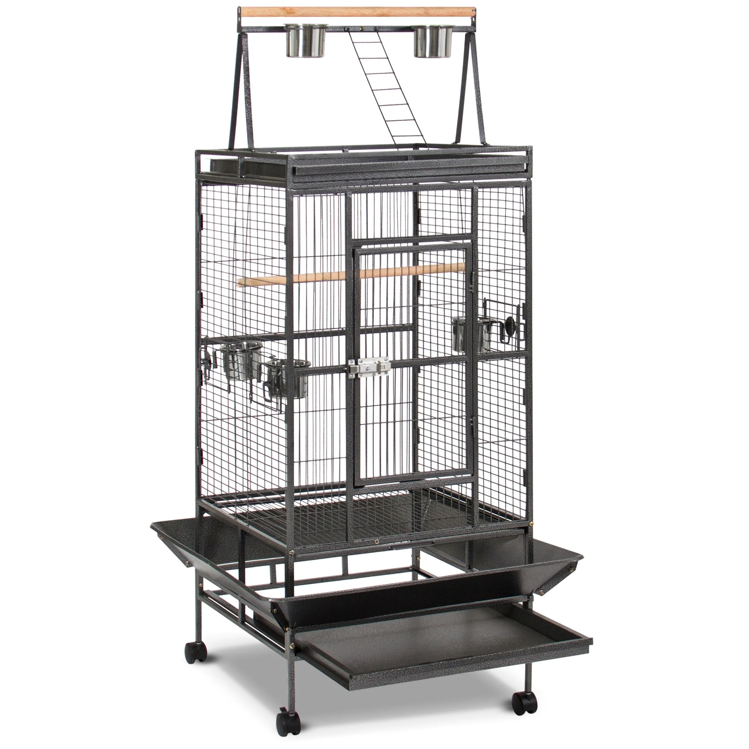 68in Bird Cage w/ Long Wooden Perch, Play Area, and Rolling Wheels - Black