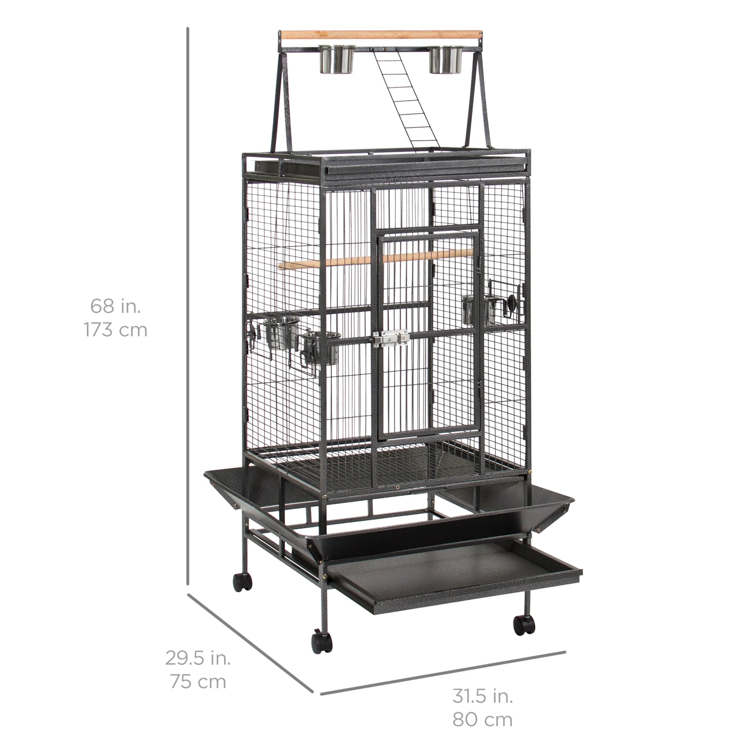 68in Bird Cage w/ Long Wooden Perch, Play Area, and Rolling Wheels - Black