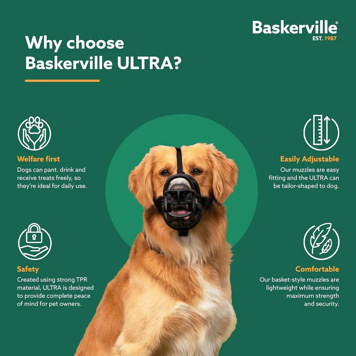 BASKERVILLE ULTRA MUZZLE - Patented Humane Design, Breathable, Dog Can Pant and Drink, Adjustable, Padded, Dog Training Muzzle for Large Dogs, Prevents Biting, Wildlife Scavenging (Size 5, Black)