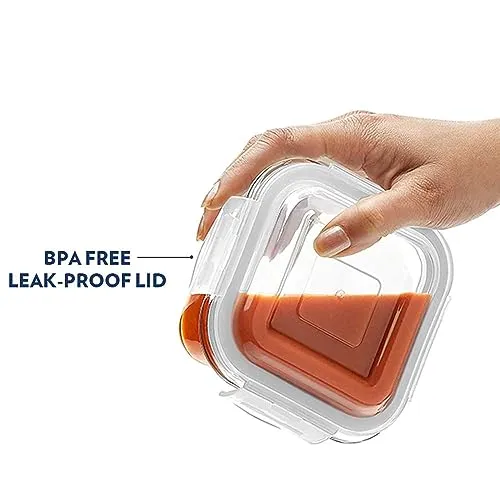 Borosil Klip N Store Glass Storage Container For Kitchen With Air-Tight Lid, Microwave & Oven Safe, Square, 320 ml, Clear