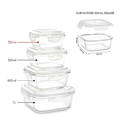 Borosil Klip N Store Glass Storage Container For Kitchen With Air-Tight Lid, Microwave & Oven Safe, Square, 320 ml, Clear