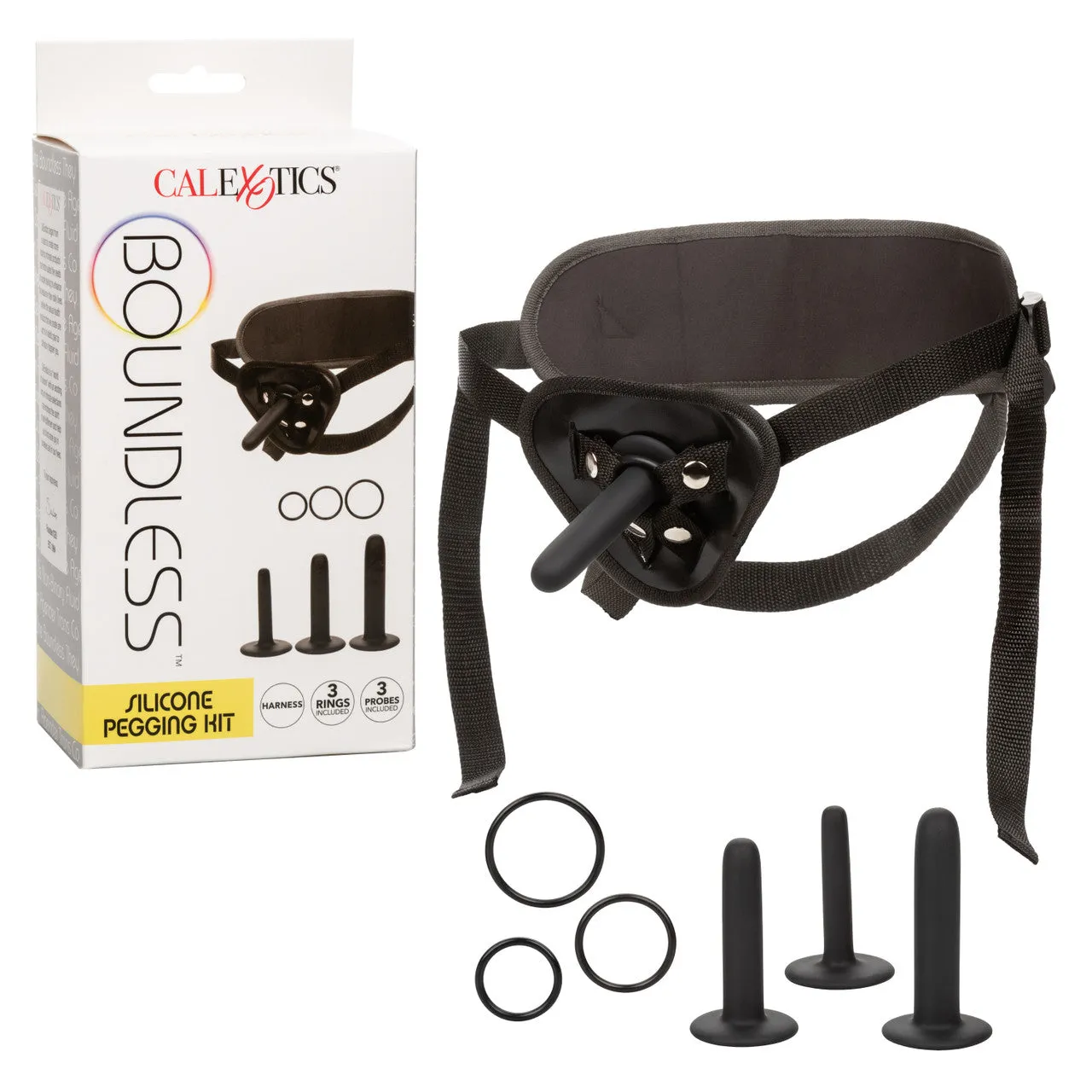 Boundless SILICONE PEGGING KIT includes Strap-On-Harness   3 Probe Dildos   3 Rings