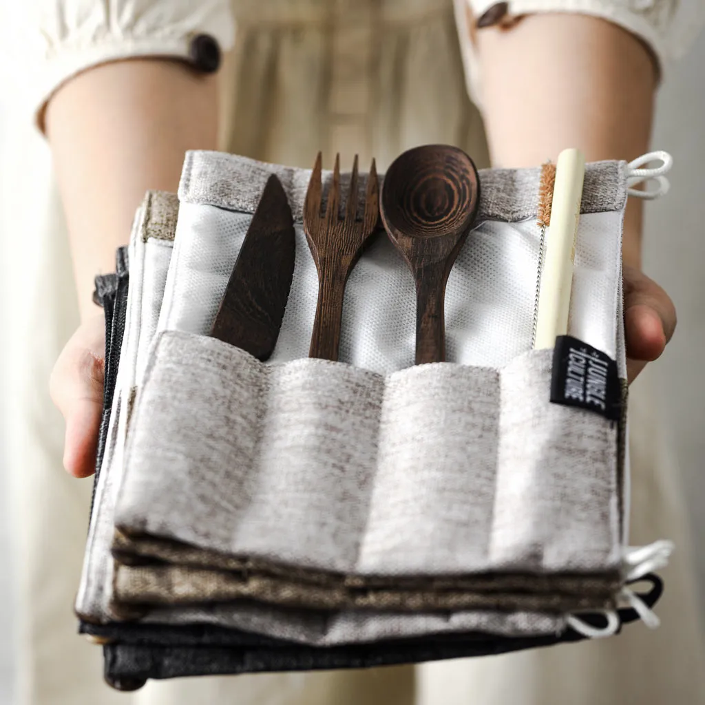 Dark Wood Cutlery Set (Dark grey bag)