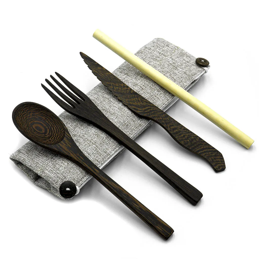 Dark Wood Cutlery Set (Dark grey bag)