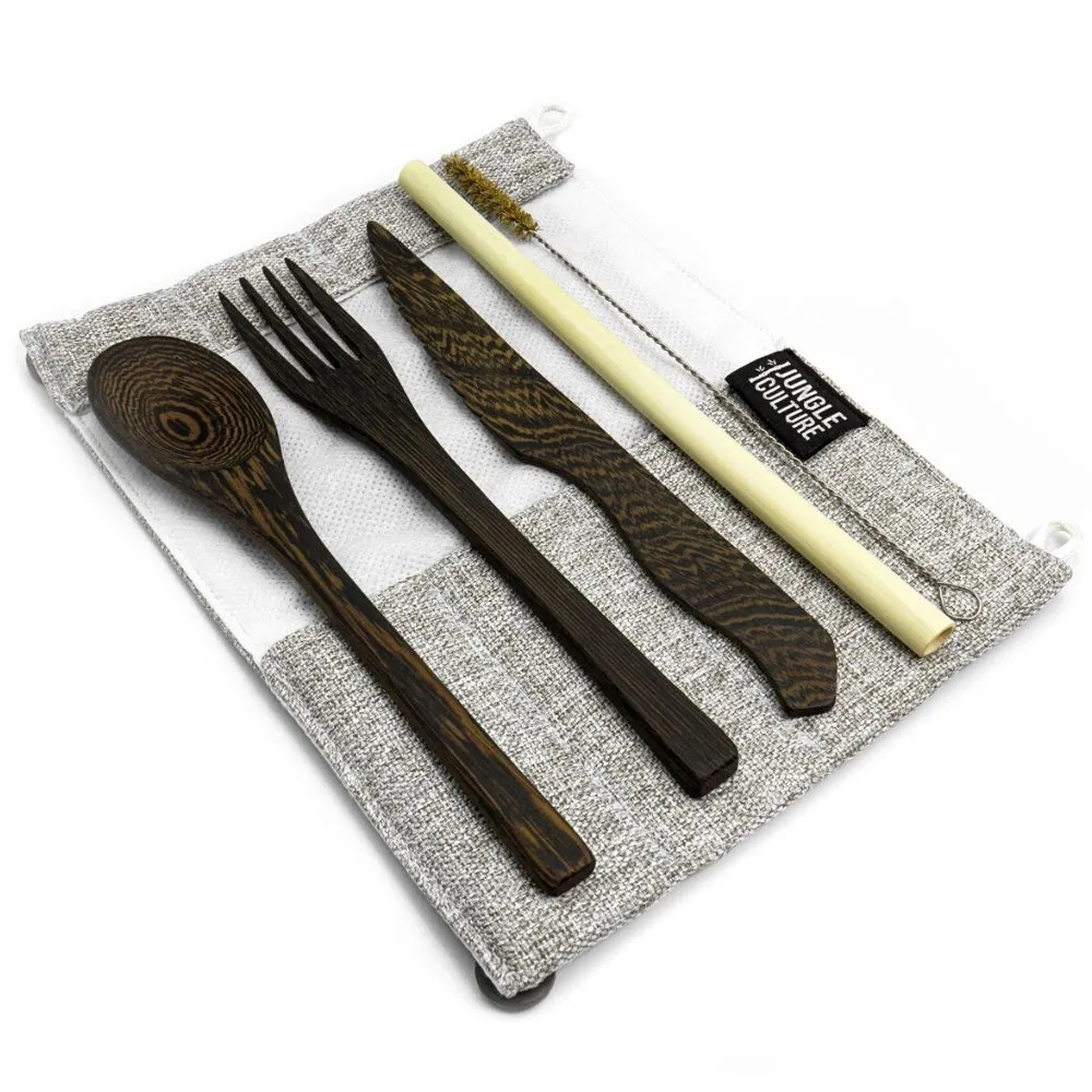 Dark Wood Cutlery Set (Dark grey bag)