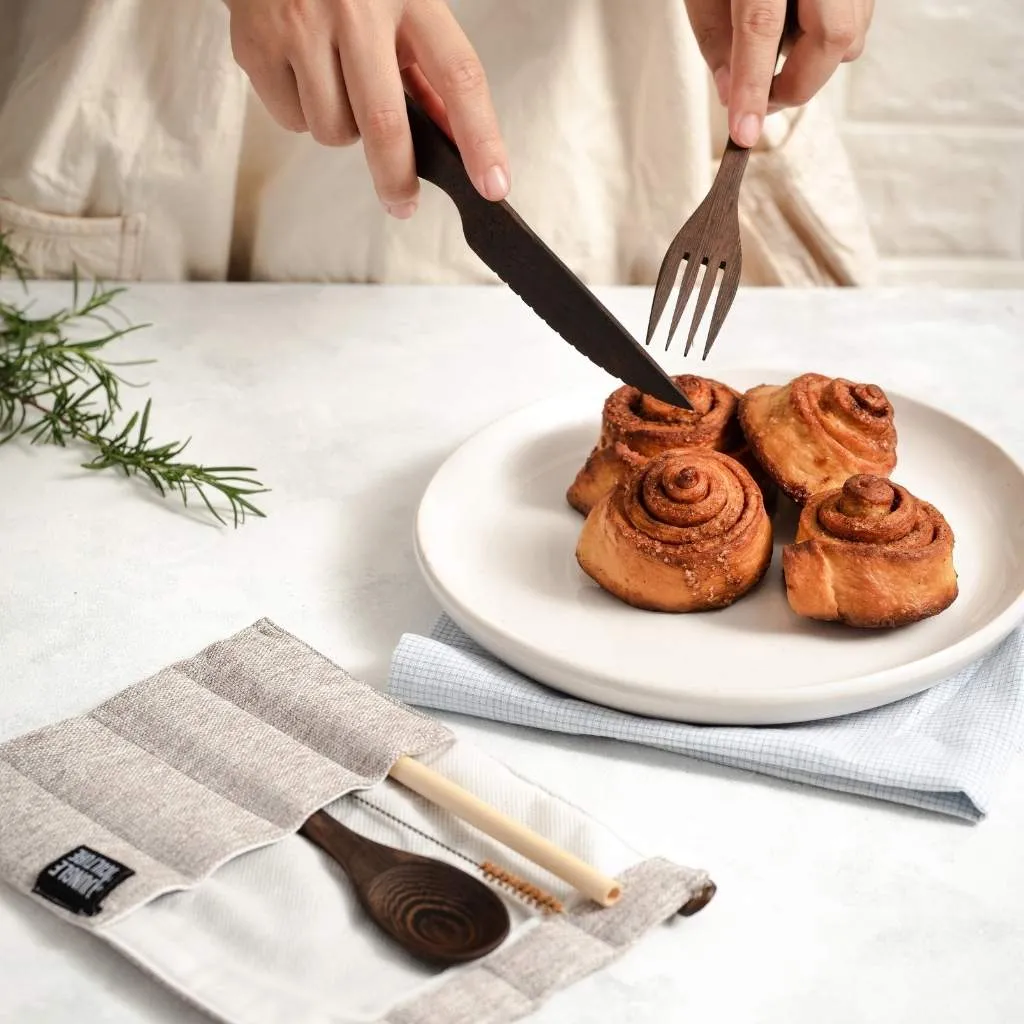 Dark Wood Cutlery Set (Dark grey bag)