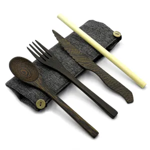 Dark Wood Cutlery Set (Dark grey bag)