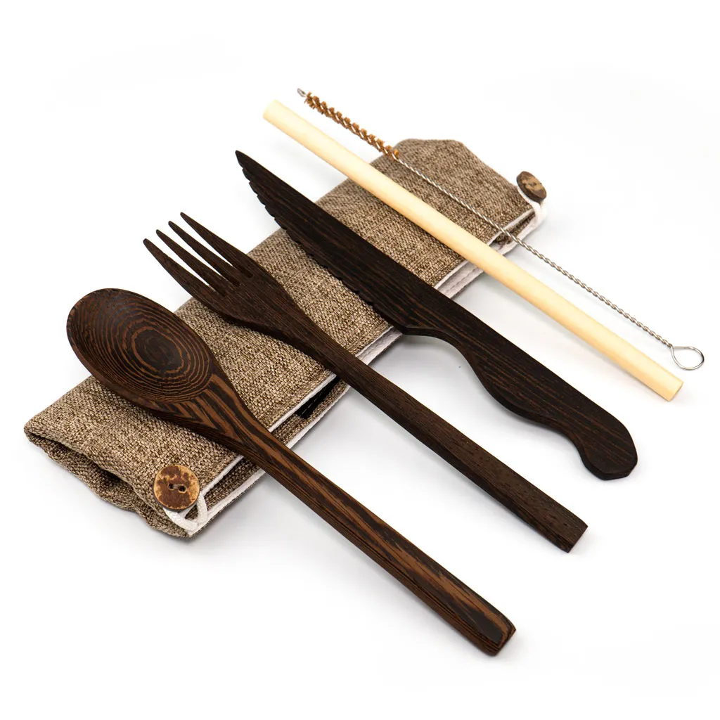 Dark Wood Cutlery Set (Dark grey bag)