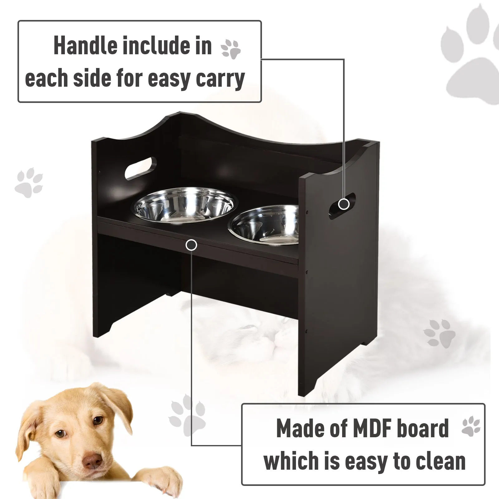 Elevated Duo Pet Feeder w/ 2 Stainless Steel Bowls MDF Frame Adjustable Shelf Handles Raised Dog Cat Food Drink 47x54cm Brown