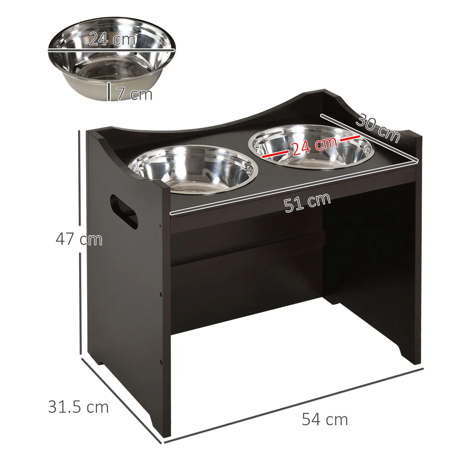 Elevated Duo Pet Feeder w/ 2 Stainless Steel Bowls MDF Frame Adjustable Shelf Handles Raised Dog Cat Food Drink 47x54cm Brown