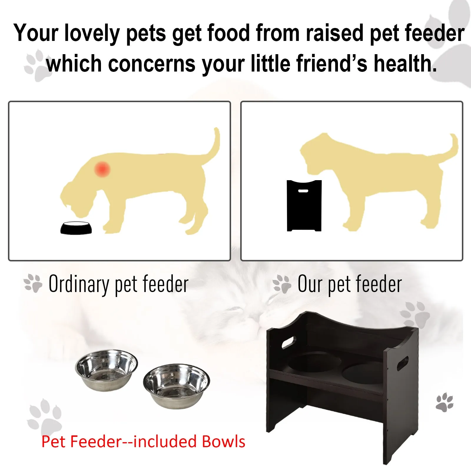 Elevated Duo Pet Feeder w/ 2 Stainless Steel Bowls MDF Frame Adjustable Shelf Handles Raised Dog Cat Food Drink 47x54cm Brown