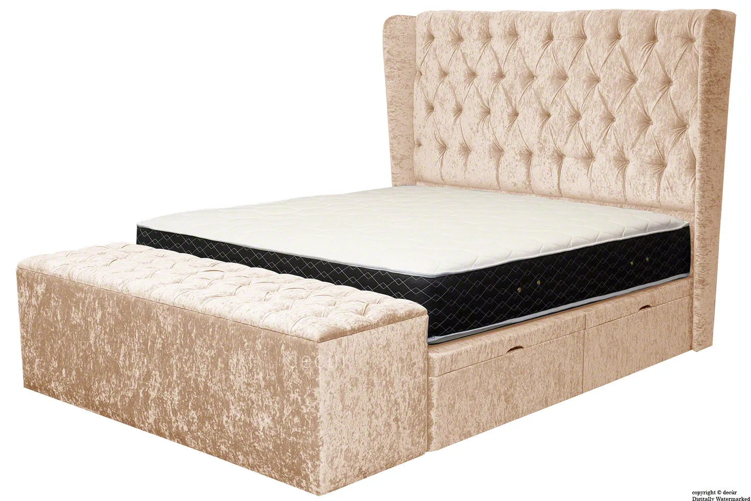 Elizabeth Winged Buttoned Crushed Velvet Bed - Vanilla