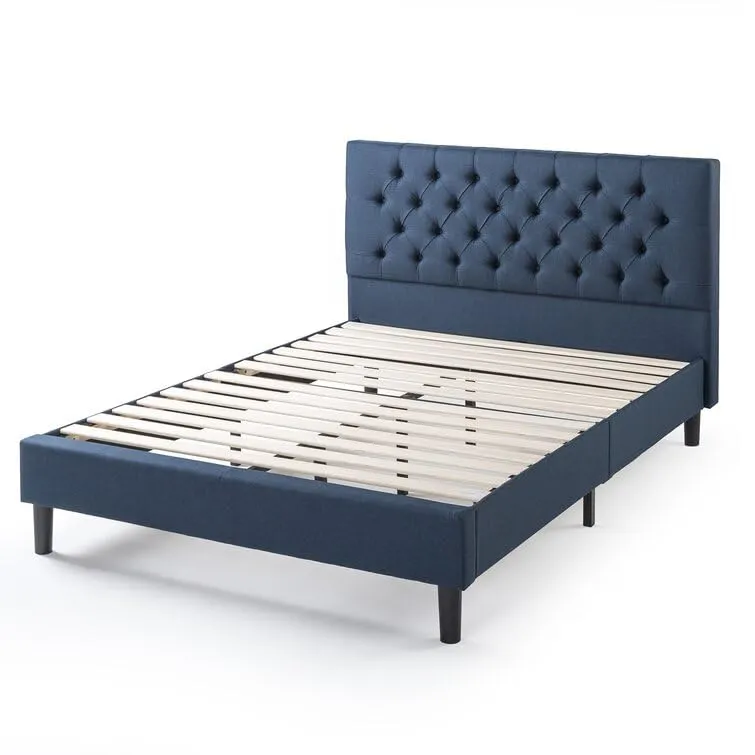 FORESTER FURNITURE Solid Sheesham Wood Queen Size Bed Cot Bed Furniture Upholstered Double Bed for Bedroom Living Room Home - Blue