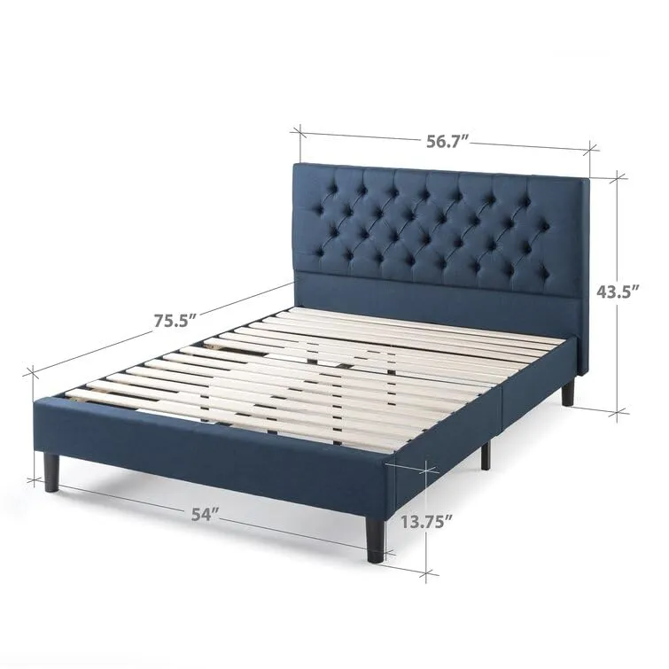 FORESTER FURNITURE Solid Sheesham Wood Queen Size Bed Cot Bed Furniture Upholstered Double Bed for Bedroom Living Room Home - Blue