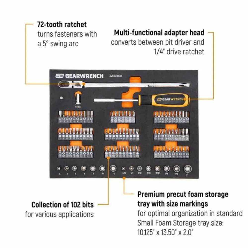 Gearwrench GWMSMBS01 105 Pc. 1/4” Drive Slim Head Mechanics Tool Set in Foam Storage Tray