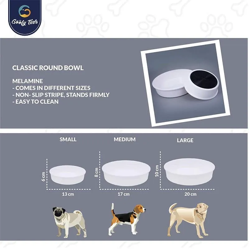 Goofy Tails Melamine Heavy Dish Dog Bowl with Non Skid Base for Dogs (White)