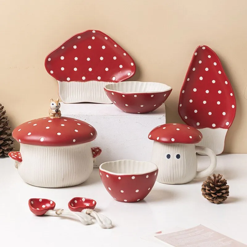 Hand-Painted Red Mushroom Ceramic Tableware Set