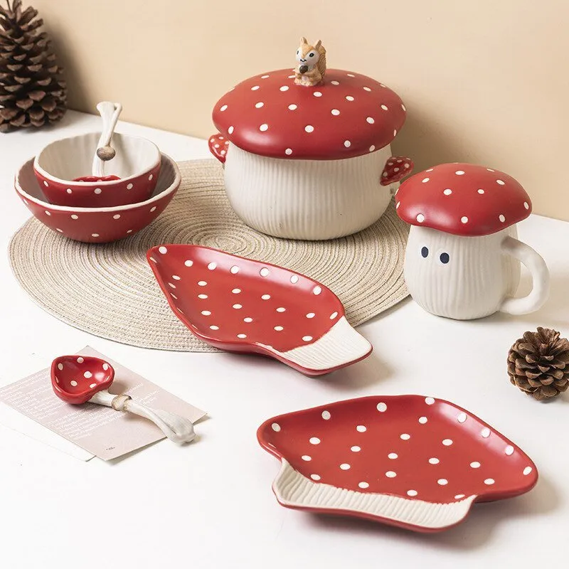 Hand-Painted Red Mushroom Ceramic Tableware Set