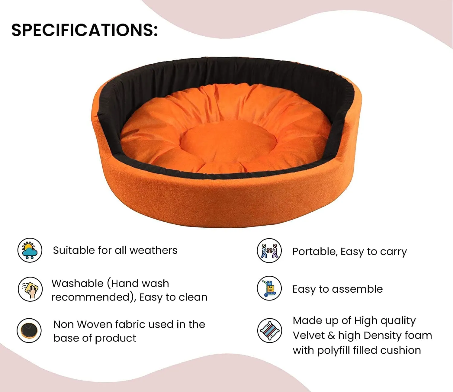 Hiputee Luxurious Round Velvet Bed for Dogs and Cats (Orange & Black)