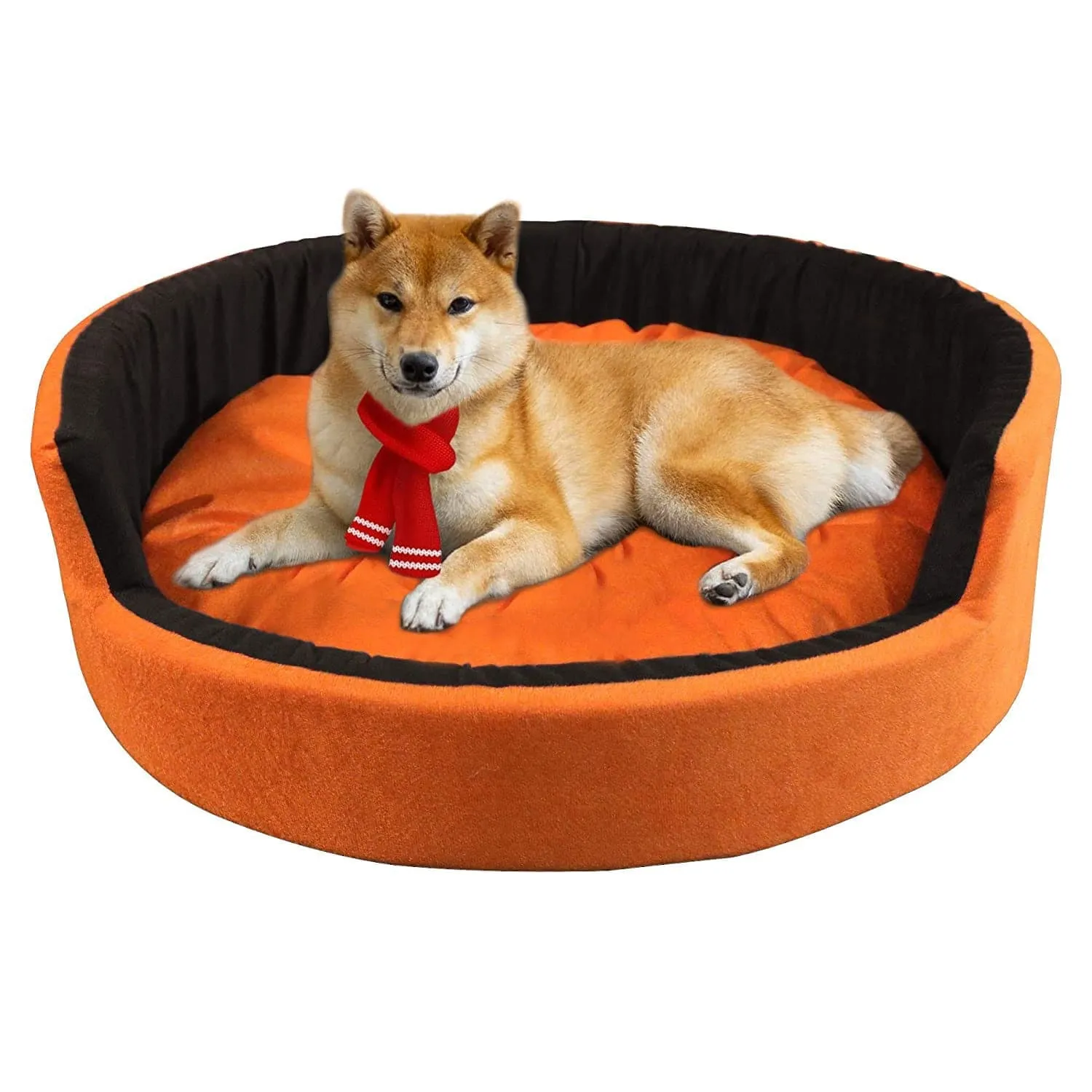 Hiputee Luxurious Round Velvet Bed for Dogs and Cats (Orange & Black)