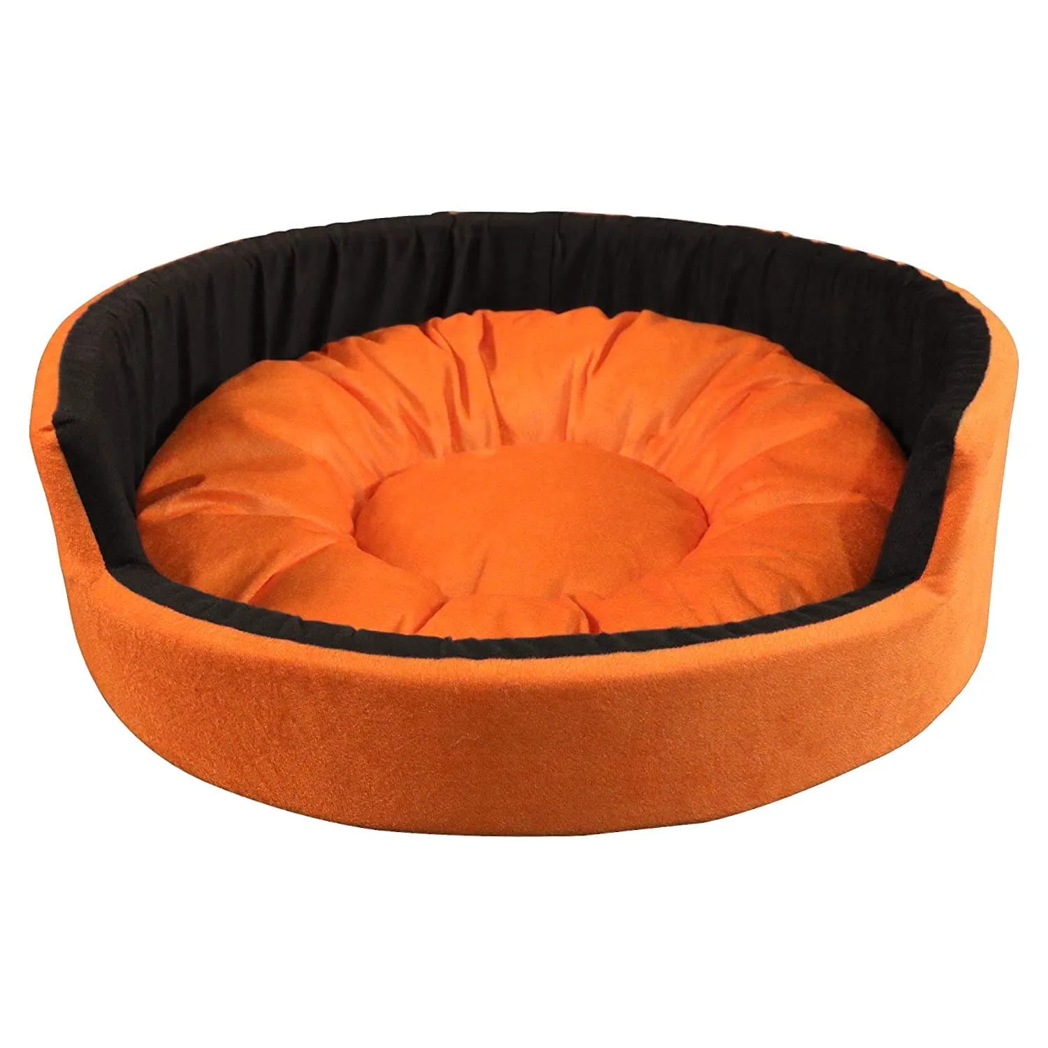 Hiputee Luxurious Round Velvet Bed for Dogs and Cats (Orange & Black)