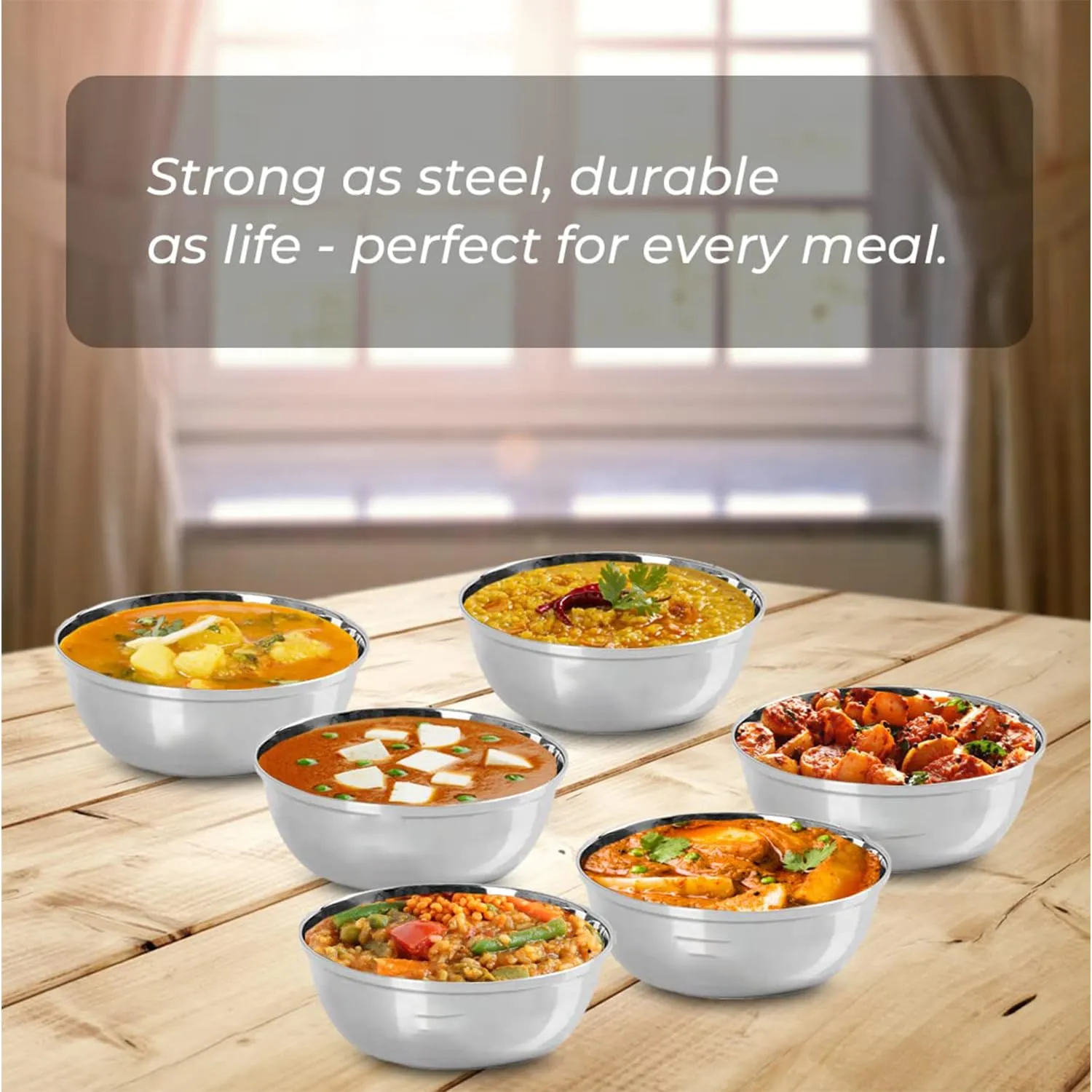 Kuber Industries Stainless Steel Bowl Kitchen Set | Durable & Wobble Free Base | Rust Proof, Easy to Clean & Store | Essential Indian Dinnerware & Crockery | Steel Bowl Set of 6 (Pack of 2)