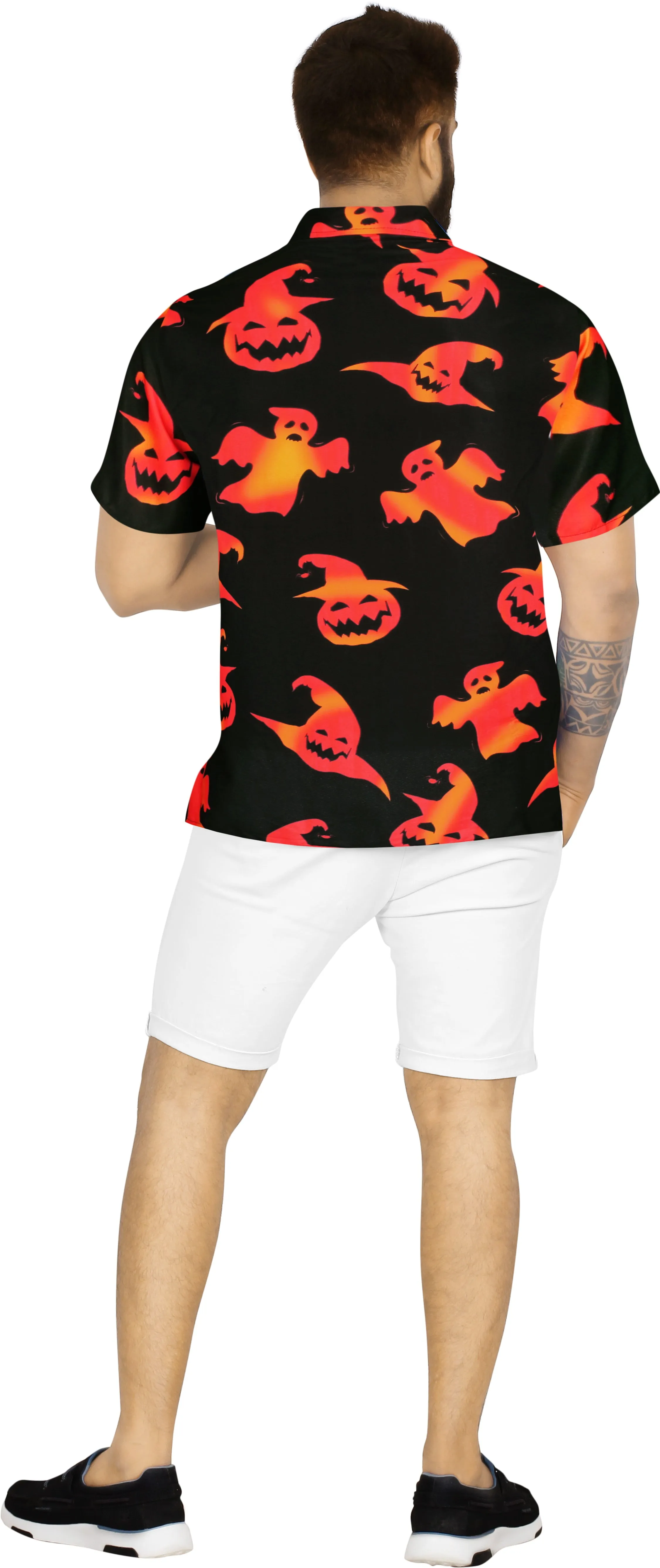 La Leela Halloween Men's Pumpkin And Ghost Printed Black Shirt