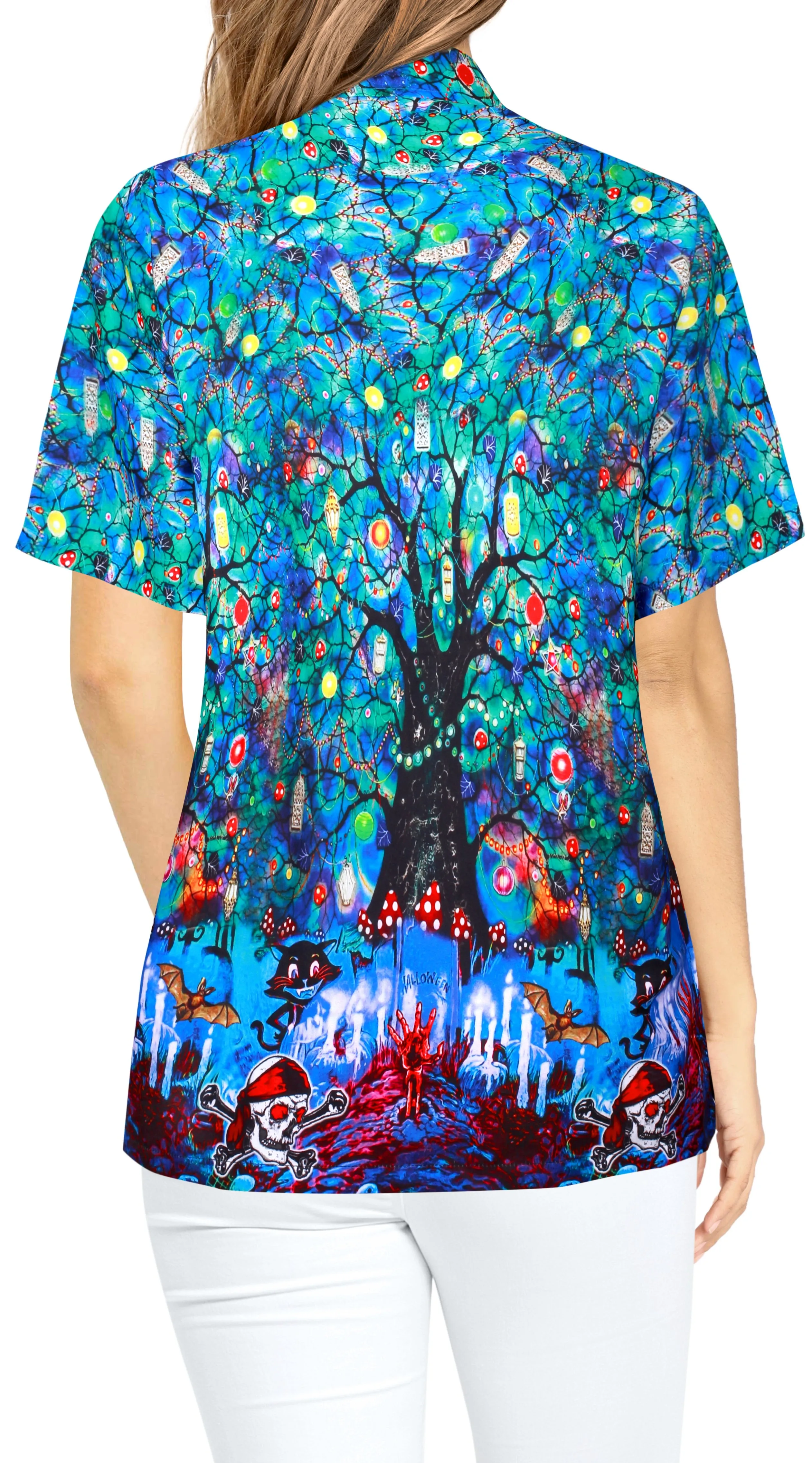 La Leela Halloween Women's Haunted Scary Night Cat And Bat Printed Bright Blue Shirt