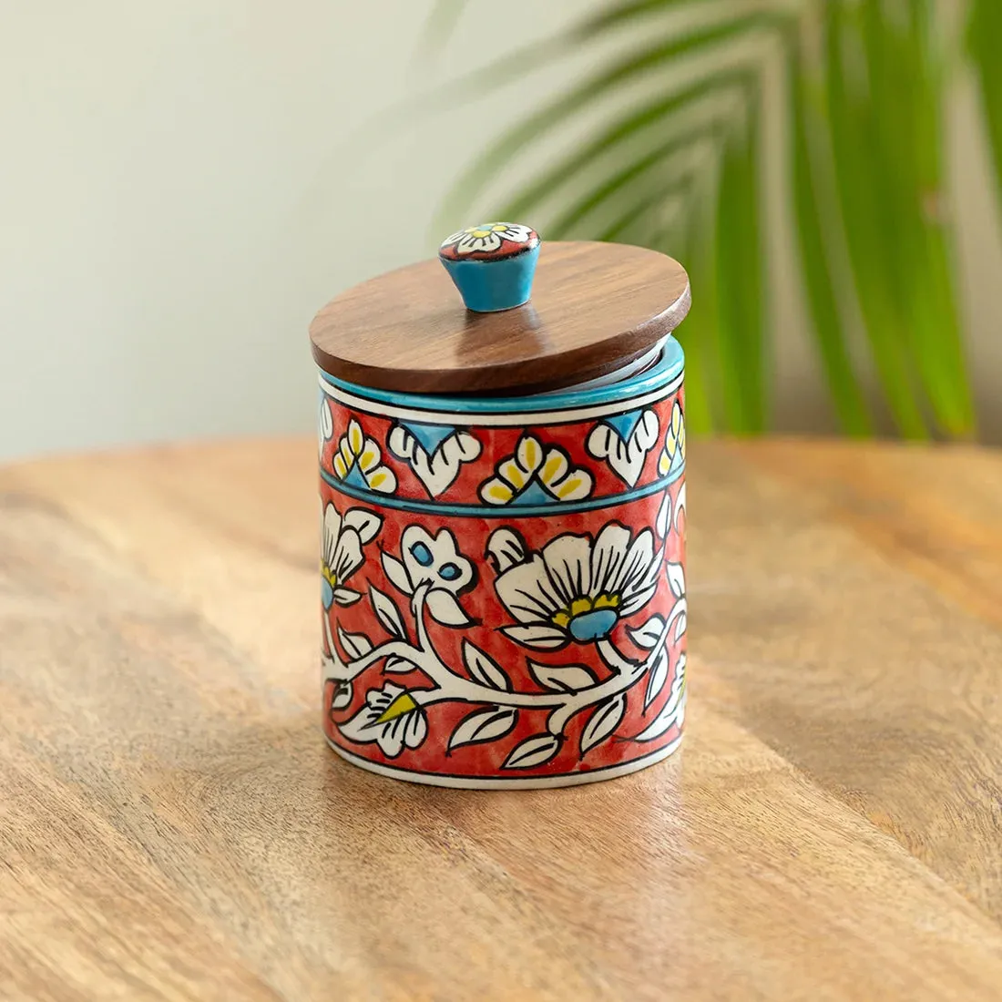 'Mughal Barrel' Multi-Purpose Storage Jar & Container In Ceramic (Air-Tight, 420 ml, Hand-Painted)