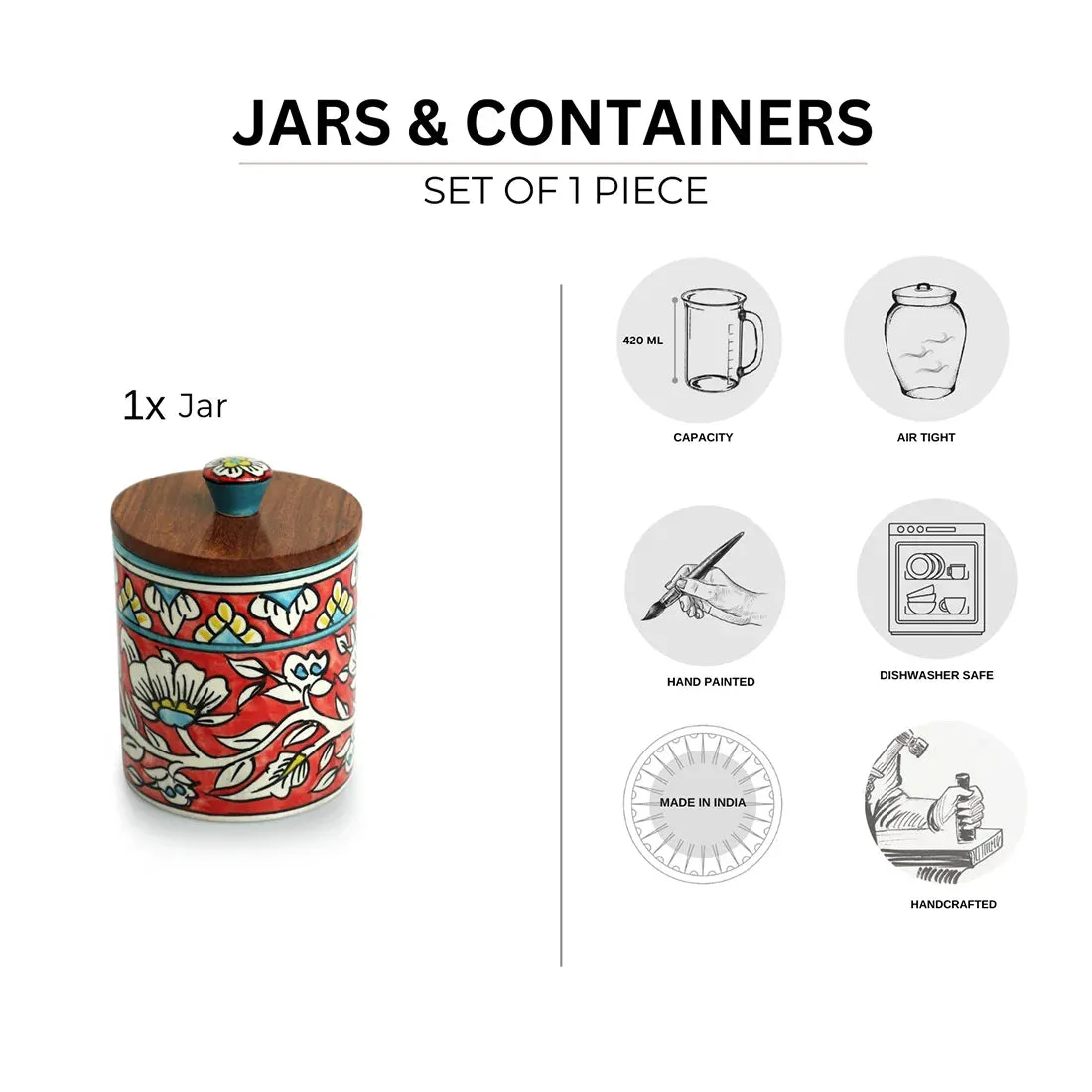 'Mughal Barrel' Multi-Purpose Storage Jar & Container In Ceramic (Air-Tight, 420 ml, Hand-Painted)