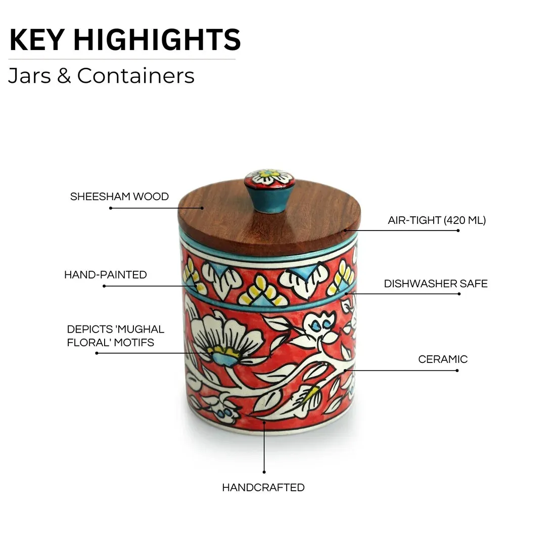 'Mughal Barrel' Multi-Purpose Storage Jar & Container In Ceramic (Air-Tight, 420 ml, Hand-Painted)