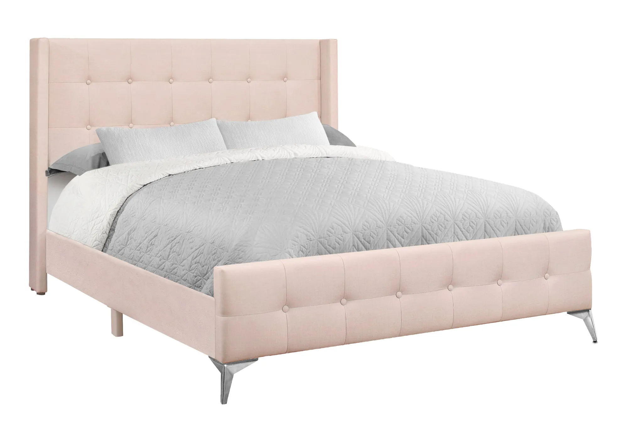 Pink Velvet Upholstered Queen Size Bed with Chrome Metal Legs