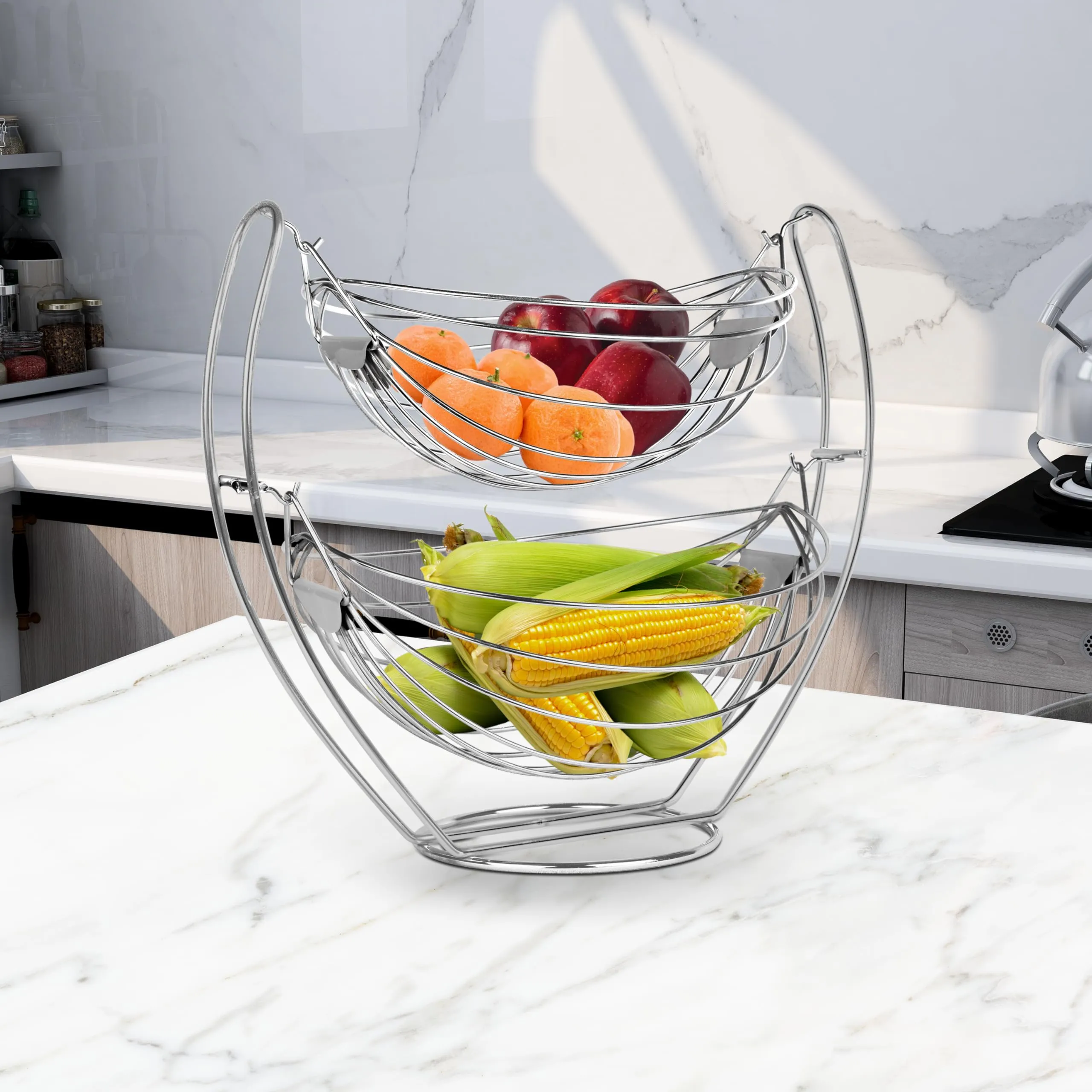 Planet Stainless Steel Double Step Swing Fruit & Vegetable Basket for Kitchen / Fruit Basket for Dining Table / Fruit & Vegetable Storage Basket