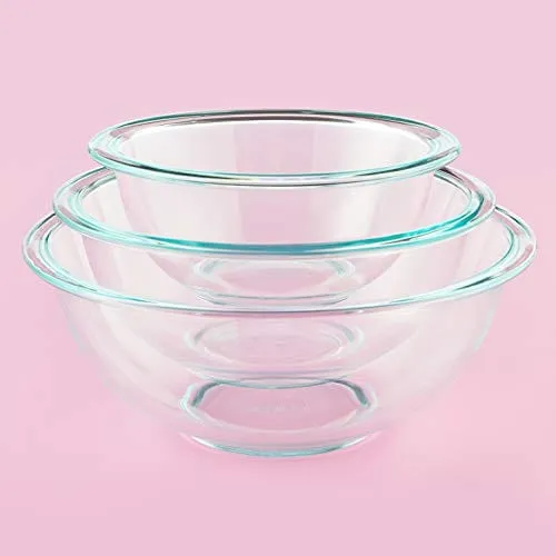 Pyrex Smart Essentials 3-Piece Prepware Mixing Bowl Set, 1-Qt, 1.5-Qt ,and 2.5-Qt Glass Mixing Bowls, Dishwasher, Microwave and Freezer Safe