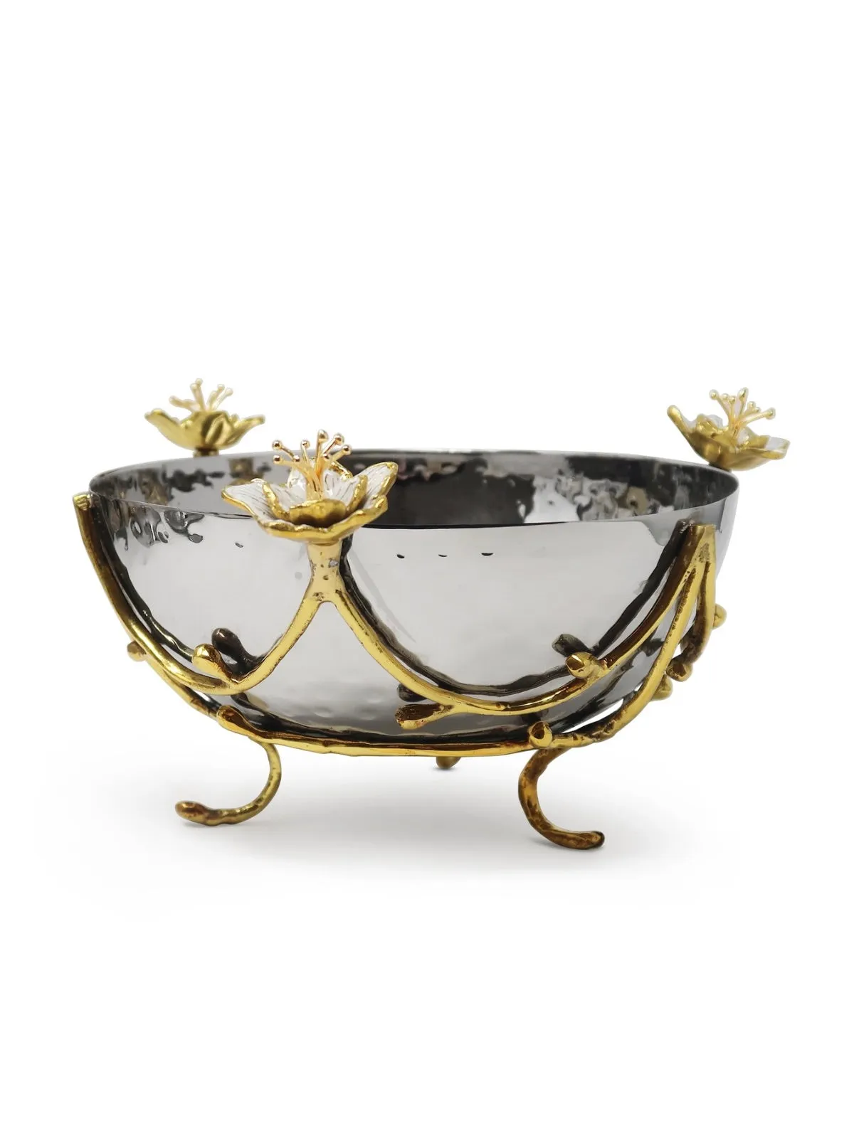 Stainless Steel Bowl with Gold Branch and White Enamel Flower