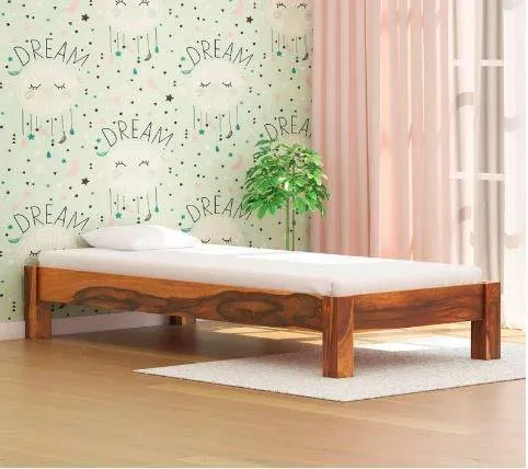 Steppin Solid Wood Single Size Bed for Bed Room | Solid Wood Low Height Bed | Sheesham Wood, Honey Finish