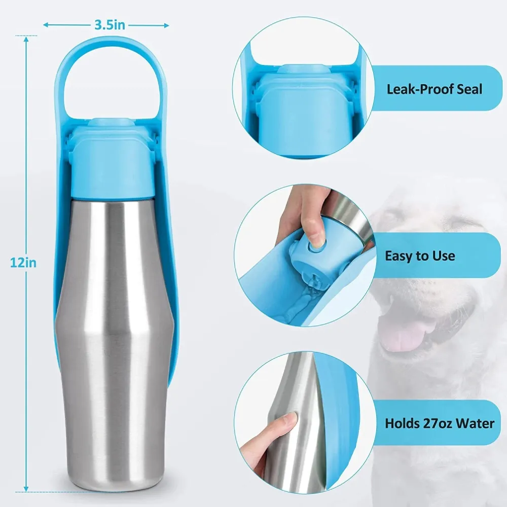 Talking Dog Club Stainless Steel Travel Water Bottle for Dogs (Sliver/Grey)