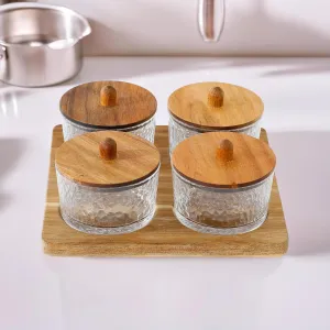 UMAI Platters Serving Set for Snacks with Wooden Tray & 4 Jars (150ml Each) | Premium Soda Lime Glass | Snacks Serving Bowls with Tray | Serving Tray with Bowls for Snacks | Gift for Housewarming