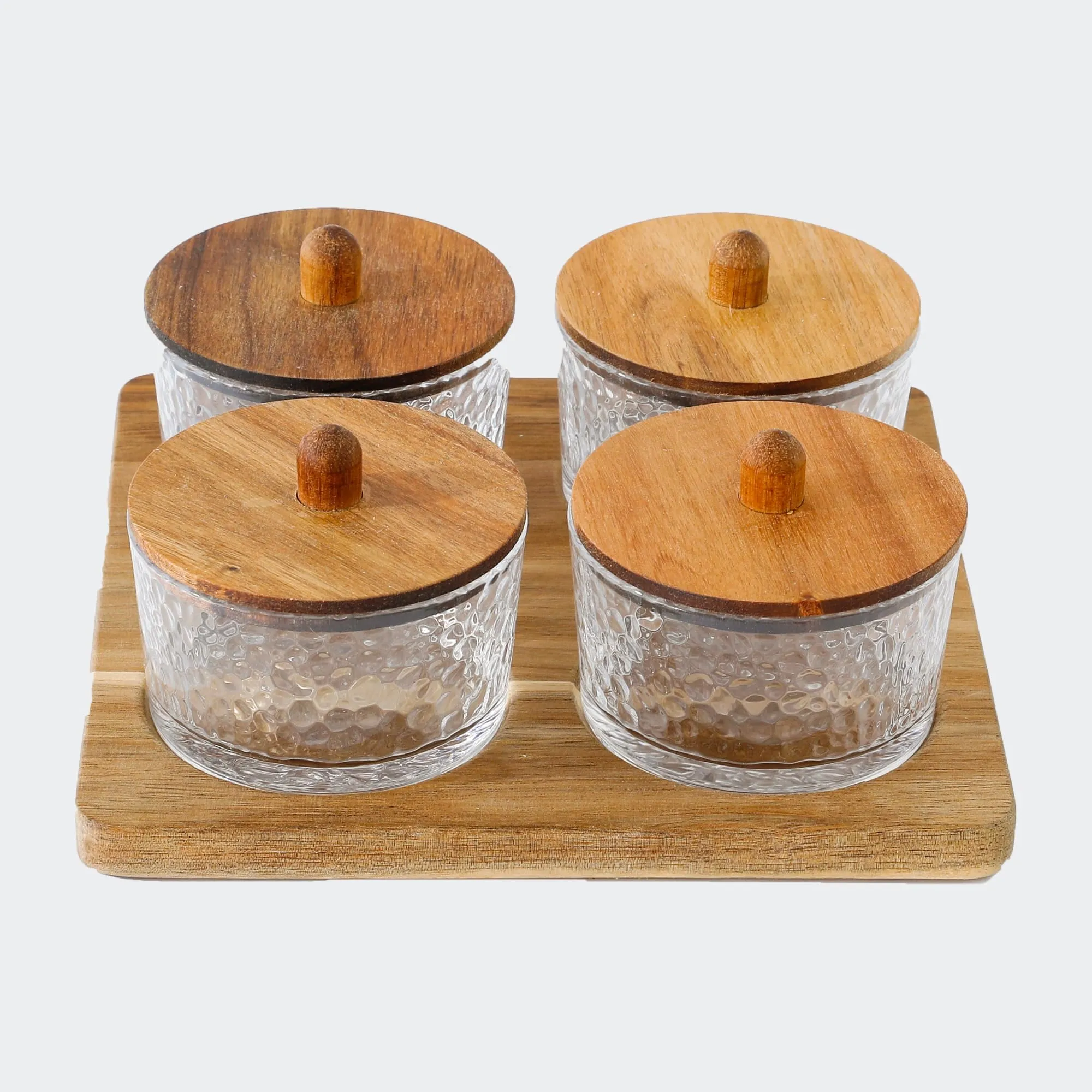 UMAI Platters Serving Set for Snacks with Wooden Tray & 4 Jars (150ml Each) | Premium Soda Lime Glass | Snacks Serving Bowls with Tray | Serving Tray with Bowls for Snacks | Gift for Housewarming