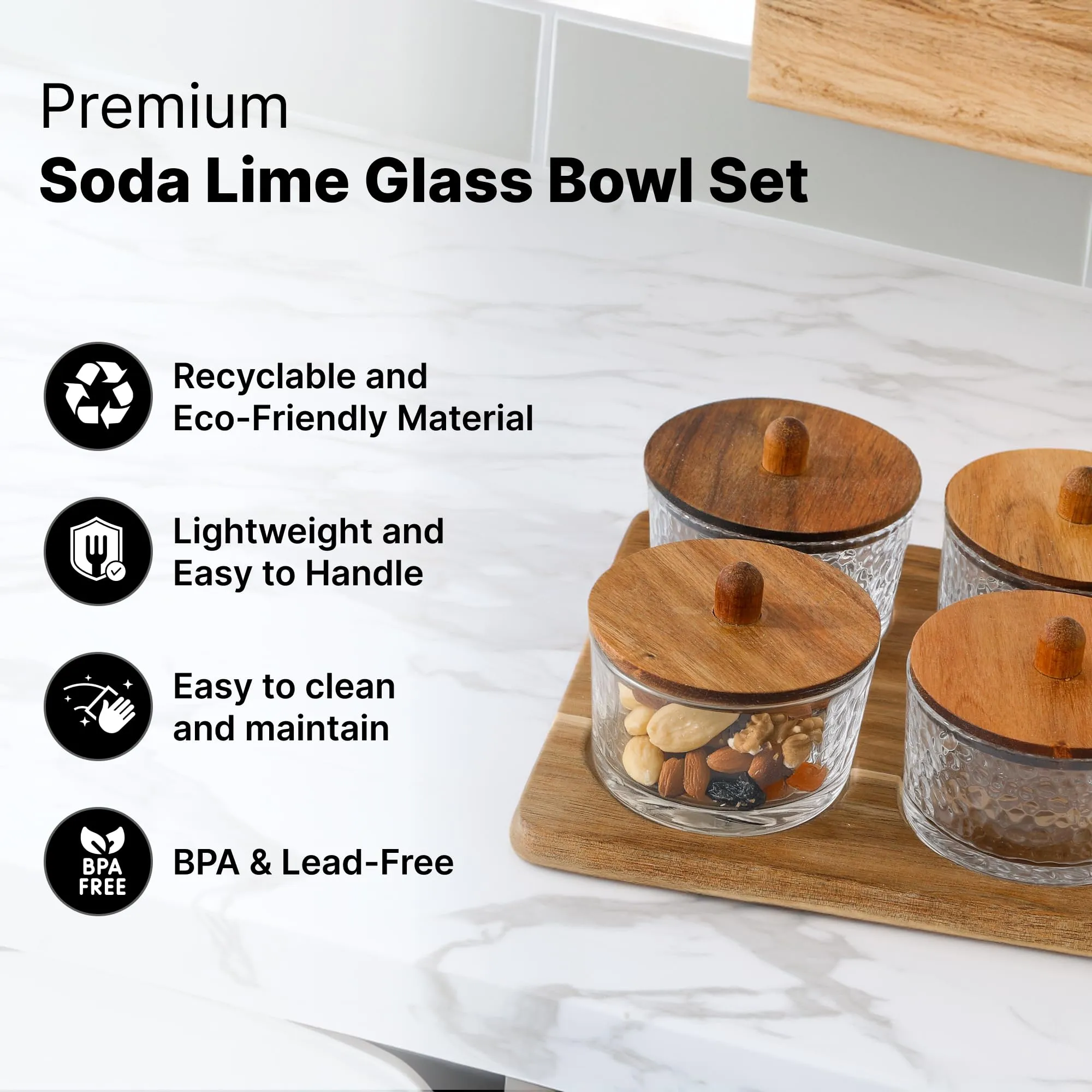 UMAI Platters Serving Set for Snacks with Wooden Tray & 4 Jars (150ml Each) | Premium Soda Lime Glass | Snacks Serving Bowls with Tray | Serving Tray with Bowls for Snacks | Gift for Housewarming