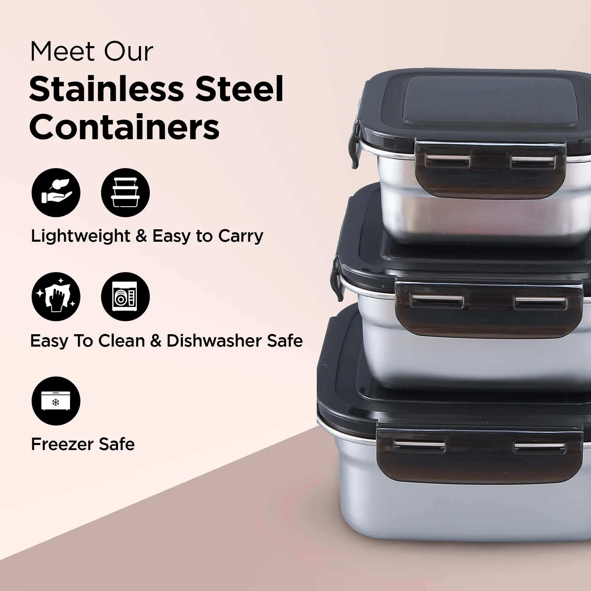 UMAI Stainless Steel Kitchen Containers With Lid Set of 3-400ml, 600ml & 900ml | Multipurpose Air Tight Food Storage Containers, Kitchen Organizer And Lunch Boxes For Office/School/College