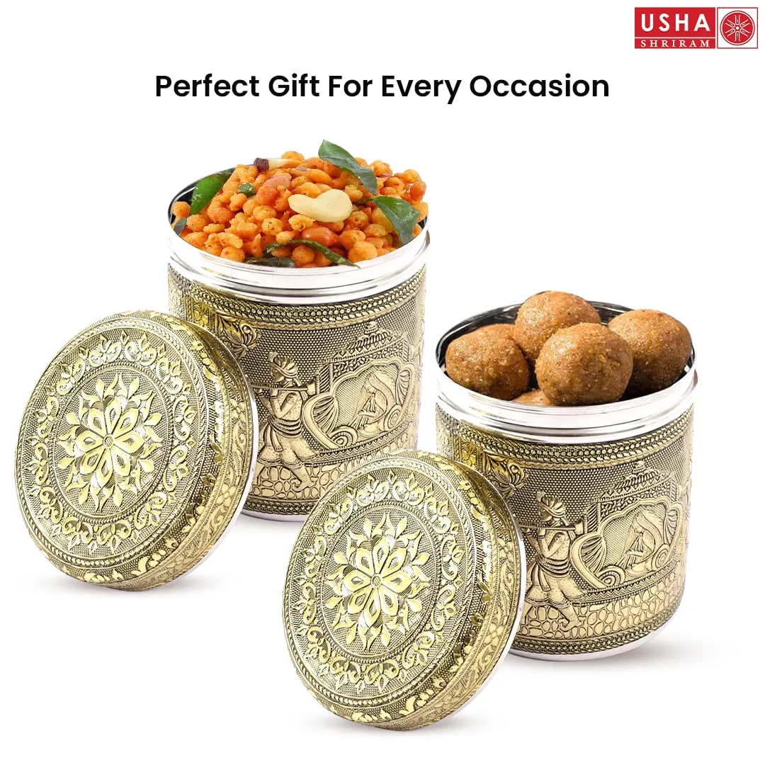 USHA SHRIRAM Stainless Steel Crafted Storage Box (1.2L - 2Pcs) | Gift Set | Kitchen Storage Organiser Box | Dabba For Kitchen | Rust Proof | Multi Purpose Box