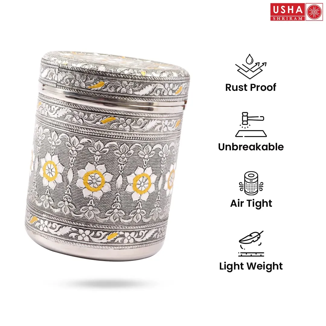 USHA SHRIRAM Stainless Steel Crafted Storage Box (800ml, 1.2L, 1.6L) Gift Set | Kitchen Storage Organiser | Dabba For Kitchen | Rust Proof | Multi Purpose Box (Silver)