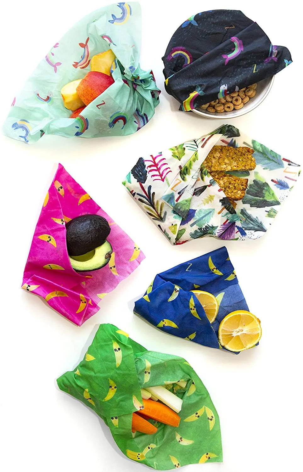 Z Wraps Multi 3-Pack, Reusable Beeswax Food Wrap and Food Storage Saver, Alternative to Plastic Wrap, Sustainable, Eco-Friendly Beeswax Food Wraps - Small, Medium, Large (Bananas - Green/Blue/Pink)